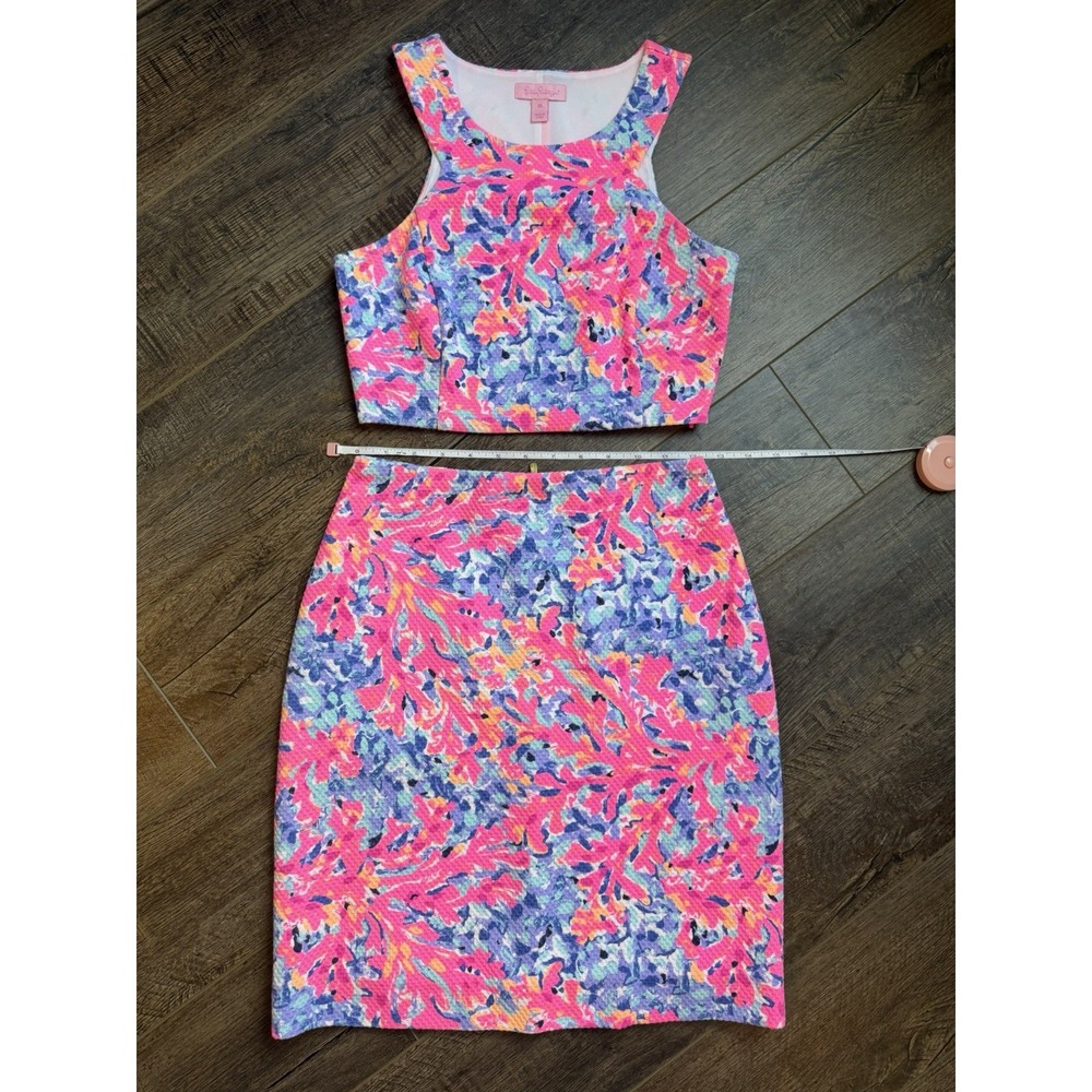 Lilly Pulitzer Mallika Crop Top Skirt Set Coco Coral Crab Blue Pink Size XS EUC